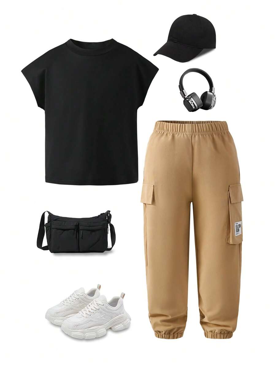 SHEIN 2 件套小男孩纯色短袖 T 恤和字母印花工装裤，休闲返校装 - 彩色 - 查看 1