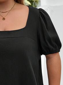 SHEIN CURVE+ Bộ đồ nữ cỡ lớn bằng vải cotton crepe giặt, 2 món, áo cổ vuông tay ngắn màu trơn cỡ lớn và quần rút dây, trang phục đi nghỉ mùa hè/đồng quê/bãi biển/trang phục đi biển/đồ mặc đi biển - màu đen - Xem 10