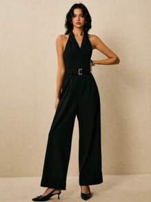 Poéselle 女士纯色露背吊带连体裤，通勤风格 - 黑色 - 查看 4