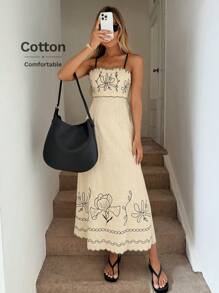 Easowa 休闲度假扇形下摆花卉刺绣与波浪刺绣杏色吊带长裙，露背蝴蝶结设计，适合日常穿着、朋友聚会、度假、通勤，竹纤维棉质面料，春夏