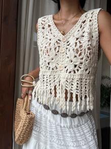 SHEIN EZwear New Women's Light Hand-Crocheted Cardigan, Apricot Color, Suitable For Seaside Vacation, Comfortable And Versatile Summer Fashion Items