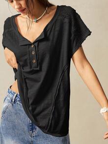 Bohemela 休闲半拉链短袖宽松女式T恤 - 黑色 - 查看 3