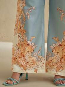 Anewsta Plus Size Women Casual Vacation Blue Printed Long Pants - Baby Blue - View 2