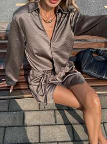 Siren Gaze Women's Elegant Coffee Brown Autumn Long Sleeve Shirt,Old Money Style V-Neck Cinched Waist Split Loose Top For Night Out,Commuting White-Collar Casual - Grey - View 2