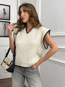 EURMUSE Women Contrast Hem Detailed V-Neck Cable Knit Pattern Knit Vest - Beige - View 6