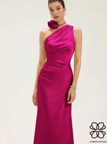 Revavyn 浪漫派对轻盈雪纺连衣裙，不对称领口，腰部褶饰设计，贴合腰部，领口系带细节，女士超长无袖 - 玫紅色 - 查看 1