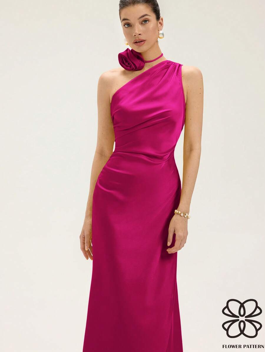 Revavyn 浪漫派对轻盈雪纺连衣裙，不对称领口，腰部褶饰设计，贴合腰部，领口系带细节，女士超长无袖 - 玫紅色 - 查看 1