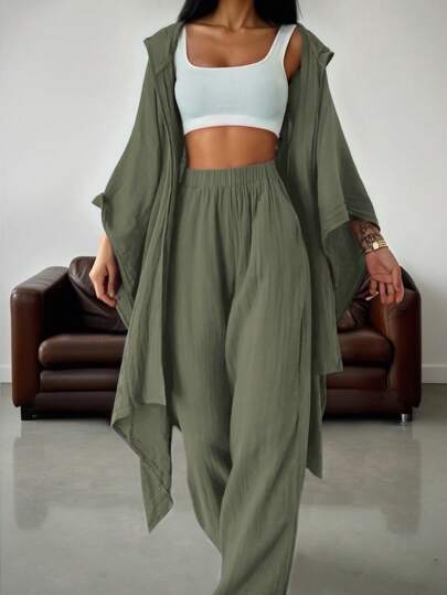 INAWLY Women Solid Color Casual Hoodie And Pants 2 Pieces Set