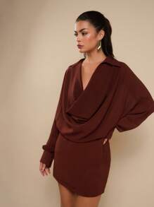 COSMINA Vestido mini elegante con cuello drapeado para mujer, adecuado para banquetes, primavera/verano - Marrón - Ver 4