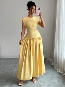 Elenzga Vestido elegante y romántico de fibra de bambú para mujeres con detalles impresos, adecuado para la playa, la fiesta del té y el estilo del Medio Oriente - Amarillo - Ver 8