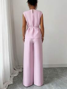 Elenzga 女士优雅办公室通勤休闲下午茶派对装，领腰金属纽扣可调节肩部不对称下摆分层衬衫搭配宽松阔腿裤套装，2 件套，春夏 - 粉色 - 查看 2