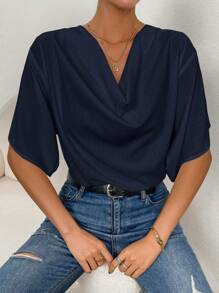 SHEIN Privé 女式纯色垂坠领优雅夏季短袖衬衫 - 藏蓝色 - 查看 6