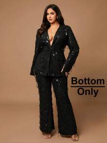 SHEIN BAE Plus Size Women Elegant Party Halloween Solid Black Sequin Tassel Flare Leg Pants Graduation,Back To School,Teacher Outfits For Women