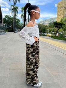 2pcs Girls Casual Tween Set, Black & Beige, Hollow Knit Short Sleeve Top, Camisole, Camouflage Cargo Pants, Streetwear Style, Matching Parent-Child, Back To School, Autumn/Winter - Multicolor - View 3