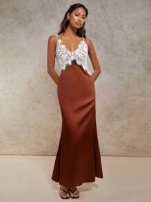 COSMINA Vestido de tirantes finos elegante con pespunte de encaje para mujer, de verano - Marrón - Ver 5