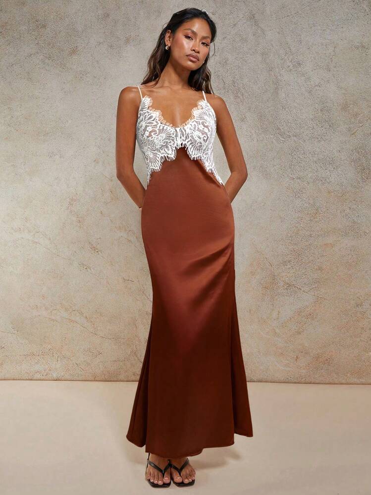 COSMINA 女士蕾丝拼布优雅细肩带连衣裙，夏季 - 棕色 - 查看 5