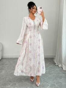 Yasmyna 女士紫色扎染印花拼接缎带领系带A字长袖阿拉伯连衣裙 - 紫色 - 查看 4