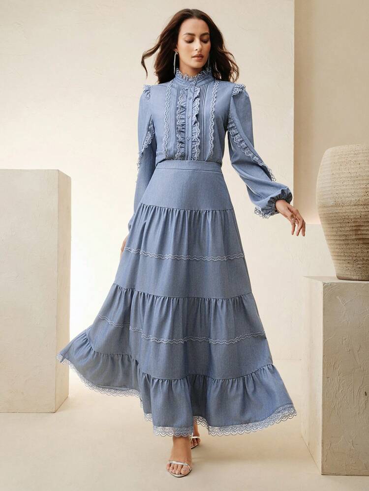New Stylish Standard Size Women Lace Trim Long Sleeve Blouse