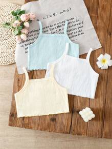 Set da 3 pezzi di canottiere in maglia per ragazze giovani, tessitura stropicciata casual versatile, bianchi, gialli, blu, intimo a strati, primavera/estate