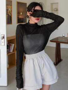 DAZY Cowl Neck Mesh Top Without Tube Top Going Out Tops Sheer,Back To School Clothes Long Sleeve Women Tops,Fall Women Clothes - Black - View 3