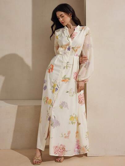 Graceveil 女式雪纺花卉印花泡泡袖松紧腰度假阿拉伯风格连衣裙，春夏