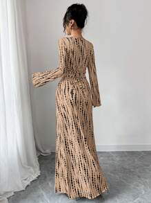 Lyxana Urban Fashion Animal Print Square Neck Flared Long Sleeve Waist Fit Women Long Dress, Autumn/Winter Fall Cloth For Women - Brown - View 2