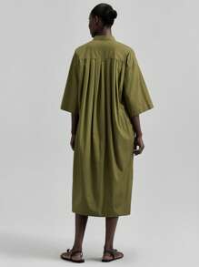 Ontre 2026春夏女士中长连衣裙，纯色军绿色，褶裥设计，落肩，长袖，单排扣，休闲宽松长裙，夏季，梭织面料，宽松版型，毕业礼服，优雅女士连衣裙，度假连衣裙，海滩音乐节，教师装，商务休闲，都市时尚，通勤，下午茶，假日，派对，婚礼宾客着装，百搭休闲女装，办公装，春夏服装，节日装扮，开衩，中长连衣裙 - 軍綠色 - 查看 6