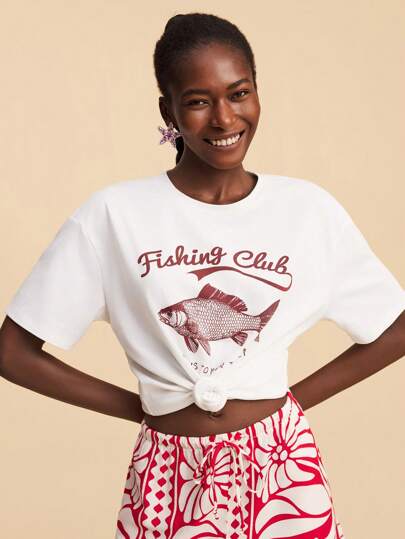 Travachic Vacation Print Round Neck Loose Fit Short Sleeve Women T-Shirt,Summer For Women,Beachwear,Spring And Summer,Easter,Holiday,Beach For Woman,Spring Break,Vacation Women,Concert Women,BOHO,Bohemia,Music Festival,Tropical Vacation Woman,Romantic,Going Out Tops,Date Night Women,All Women,Fall ,Autumn