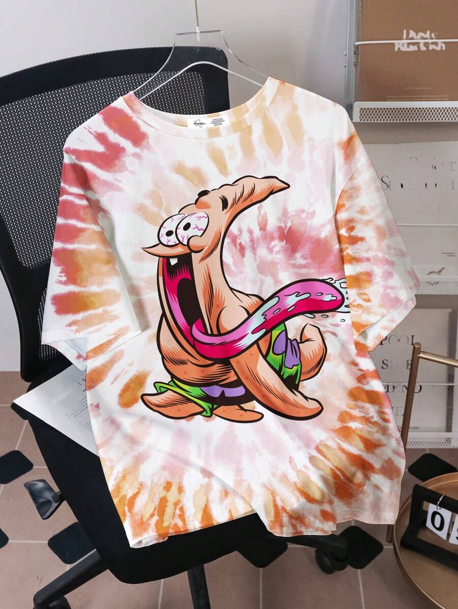 SpongeBob SquarePants X SHEIN Maglietta estiva casual da uomo, stile strada, grafica a cartone animato, Tintura a nodi, spalla cadente, vestibilità larga