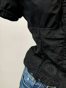 SHEIN EZwear 女式短款泡泡袖褶饰刺绣梭织衬衫 - 黑色 - 黑色 - 查看 7