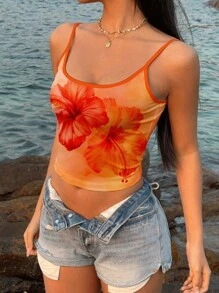 SHEIN EZwear Camiseta de tirantes de estilo vintage casual/vacacional, sexy y linda, con estampado de flor de hibisco naranja en efecto tie-dye, diseño gráfico con acuarela floral y cocotero, estilo bohemio y adecuada para el verano