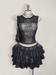 SHEIN ICON 加大码 Y2k 夏季黑色网眼透视性感水钻闪光女式水钻字母网眼露背紧身吊带背心 - 黑色 - 查看 4