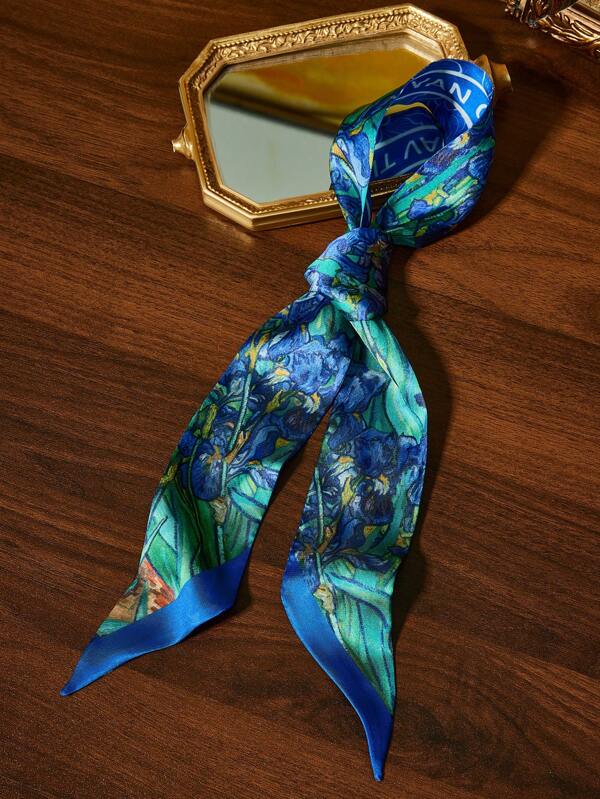 SHEIN Touch of Art Fashionable & Elegant Smooth Satin Headband/Hair Scarf In Vivid Blue Iris Floral Art Print, Inspired By Vincent Van Gogh, Suitable For Hairstyles, Gift, Outdoor Travel