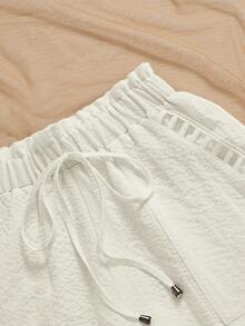 女式纸袋腰口袋扭纹休闲短裤 - 杏色 - 查看 6