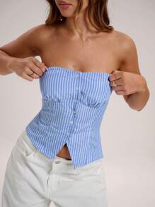 SHEIN BAE Summer Casual Commuting Sky Blue Striped Front Button Tube Top Hot Girl Tops, Sexy Tops, Holiday Tops - Multicolor - View 5