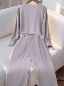 Franclia Bộ 2 áo sơ mi dài tay cổ tròn thanh lịch dành cho nữ kèm quần dài cài nút và quần âu thường ngày trang phục thường ngày mùa xuân cho trường đại học vải mùa thu dành cho nữ - Xám - Xem 2