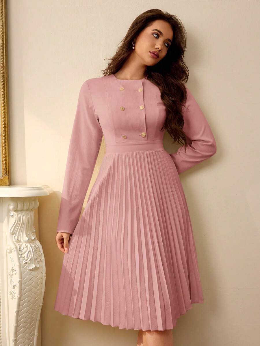 Aveloria Rosie 复古别致通勤时尚法式休闲优雅金属扣无领拼接褶边下摆女士连衣裙女士优雅连衣裙