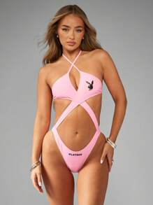 Missguided x Playboy Monokini 交叉镂空泳衣夏季海滩泳池连体高开叉露背泳衣度假沙滩装
