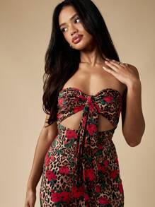 MISSGUIDED Floral Leopard Print Jumpsuit Strapless Wide Leg Party Evening Wedding Guest Summer Vacation Resort Wear Women Flare Pants Bell Bottom - Red - View 6