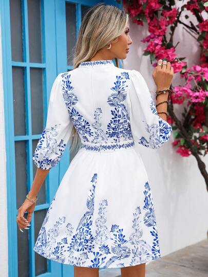 Vivid Eden Women's Summer Notched Neck Allover Bohemia Print Casual Vacation Mini Dress,Beach Vacation Dress,Beach Outfits For Woman,Summer Outfits For Women ,Summer Clothes,Boho Women Clothing, Summer Dress With Sleeves, Women Vacation Dress