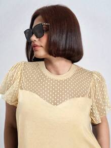 Chikora Plus Size Music Festival Women Loose Fit Round Neck Mesh Contrast Ruffle Short Sleeve Top For Summer,Office - Apricot - View 4