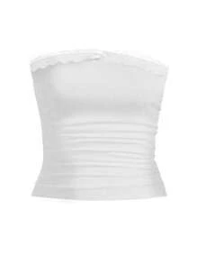 Zyxie 2 chiếc/bộ áo ren chắp vá xếp nếp bandeau và quần short màu tương phản - trắng - Xem 3