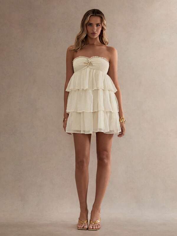 Glamine Women Summer Solid Color Strapless Starfish Decor Cake Short Dress,Sum,Mer Dresses For Women,Vestidos Elegantes De Mujer,Vacation Outfits Woman, Frilly Dress, Flowy Short Dress, Love And Lemonade Dresses, Layered Ruffle Dress, Creme Dress,,White Dresses For Women