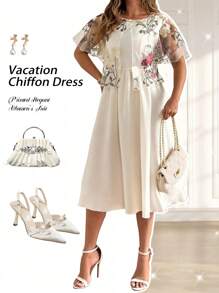 Flirla Vestido de talla grande para mujer con estampado floral bordado, cuello redondo, manga corta abullonada, 2 en 1 de largo medio, adecuado para citas y atuendo de vacaciones - Albaricoque - Ver 3