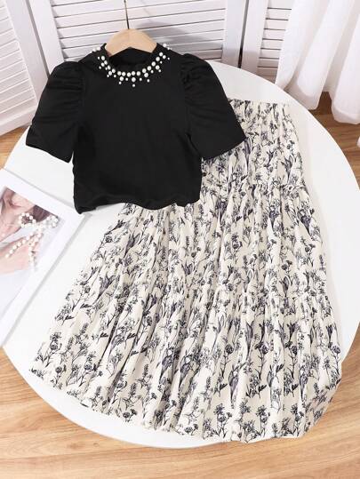 SHEIN Tween Girl Round Neck Short Sleeve T-Shirt And Floral Print Skirt 2-Piece Set Floral Skirt Summer Skirt Midi Skirt Coquette Skirt Printed Skirt Fall Winter