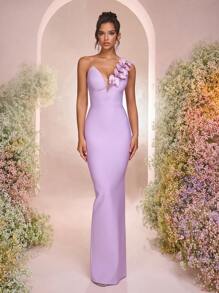Glamrae Elegant Yellow Handmade 3D Floral Long Bandage Bodycon Dress - Mauve Purple - View 5