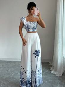 Elenzga 2 件套女式阔腿裤和花朵印花背心，休闲装 - 彩色 - 查看 3