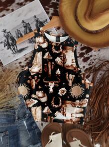 SHEIN EZwear 休闲简约波西米亚风和节日风格，棕色涂鸦印花紧身圆领背心，适合夏季