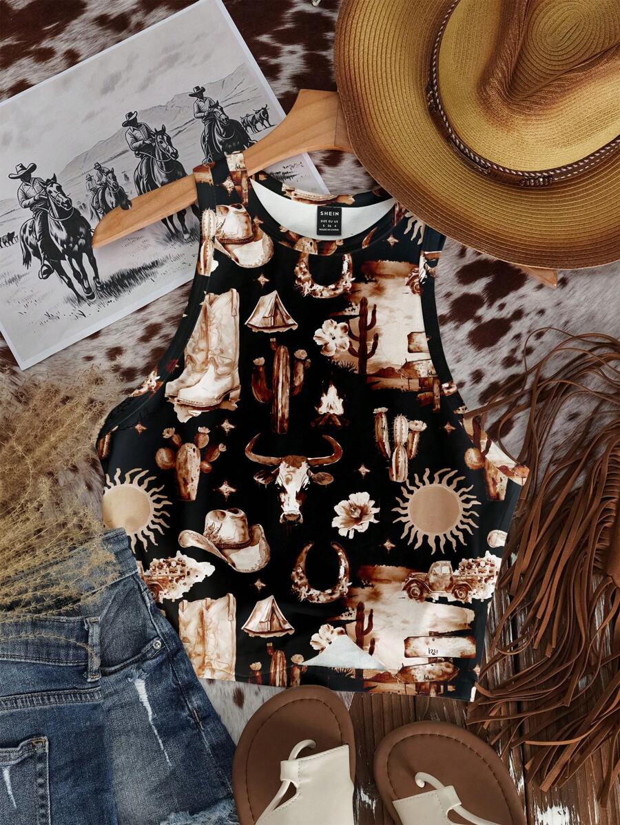 SHEIN EZwear 休闲简约波西米亚风和节日风格，棕色涂鸦印花紧身圆领背心，适合夏季