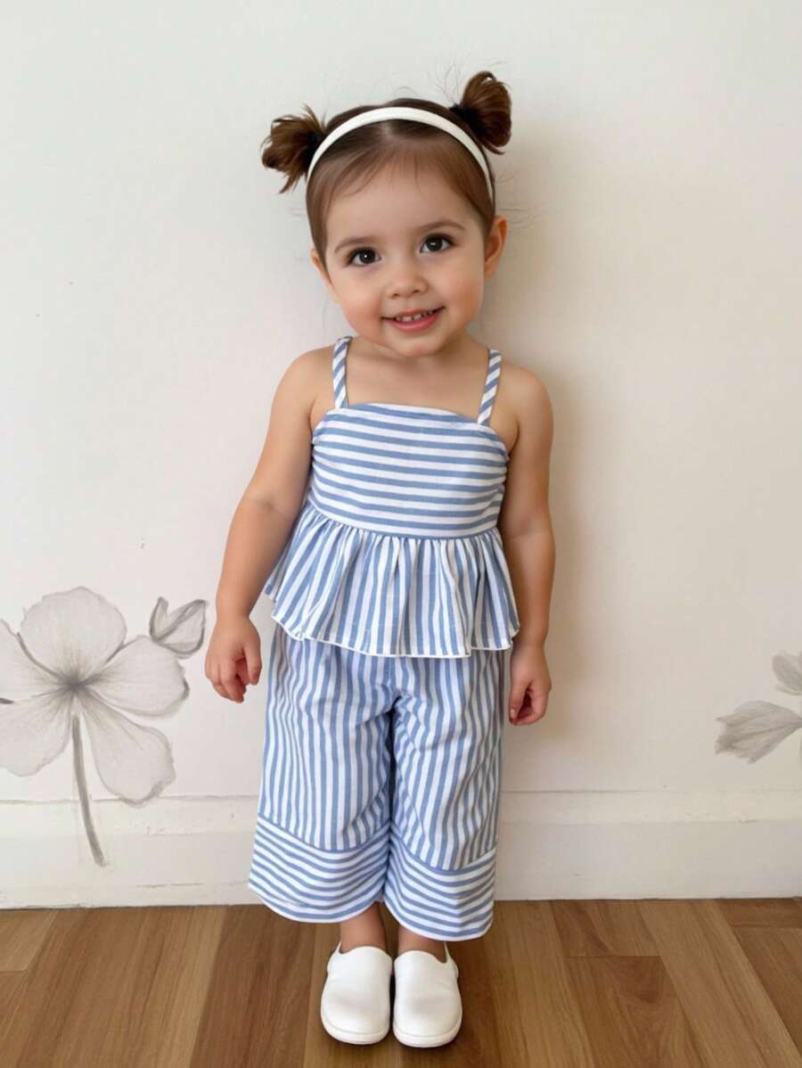 Baby Girls Stripe Strap Top With Ruffle Detail And Wide Leg Pants Set, Casual Yet Fashionable Suit